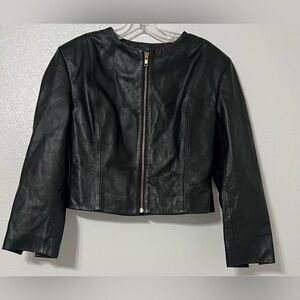 LEXTHER Moto-Style Cropped Leather Jacket Black Gold Zip Cuffs Size Medium
